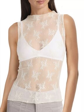 Sheer Floral Lace Mock Neck Tank Top  - White